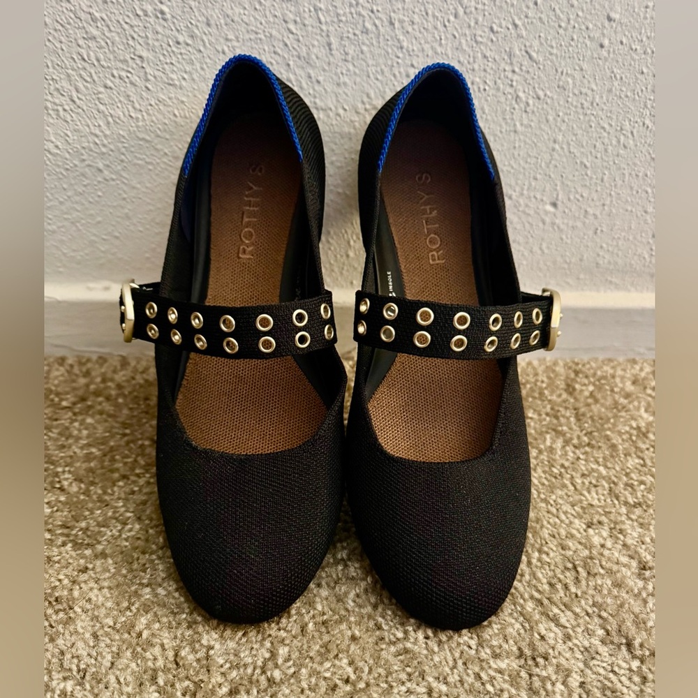 Rothy's Black Mary Jane Flats with Gold Eyelet Strap Sz 8